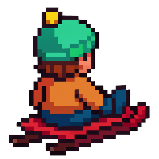 arkasından gördüğümüz kızağa oturan pixel bir çocuk yap.
In-Game asset.  2d.  High contrast.  No shadows