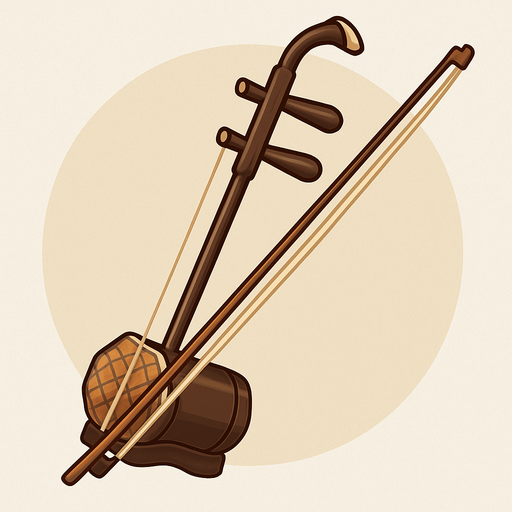 A clean 2D illustration of a traditional Chinese erhu string instrument, showing the bow and curved neck. Stylized with soft shadows, light highlights, and a transparent rounded background for use in educational games..
In-Game asset.  2d.  High contrast.  No shadows