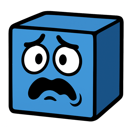 The cube of this game should look scared, its color should be a worried color, it should not have hands or feet and it should be 3D..
In-Game asset.  2d.  High contrast.  No shadows