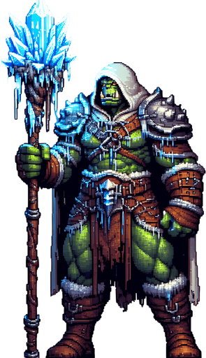 orc mage, leather armor, staff with glowing crystal with freezing power. front facing, arms and legs clearly visible, wearing a hood made of cloth..
Single Game Texture.  In-Game asset.  2d.  Blank background.  High contrast.  No shadows, 16 bit pixel art