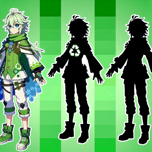 Anime eco hero.
Single Game Texture.  In-Game asset.  2d.  Blank background.  High contrast.  No shadows