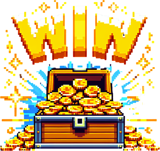 simple golden text saying "WIN". text is bursting out of the treasure chest with golden coins bursting behind the text. pirate themed banner. pixelated. 8 bit..
Single Game Texture. In-Game asset. 2d. Blank background. High contrast. No shadows.