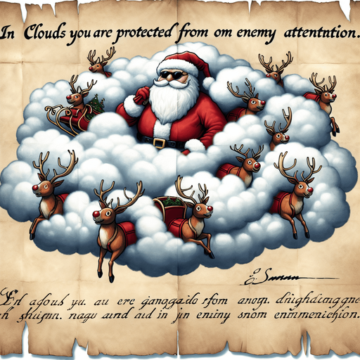 a pergament of Santa hiding with his flying sleigh and reindeers in a cloud. There is the text "In clouds you are protected from enemy attention."