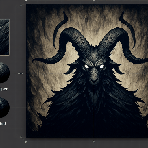 demon goat staring.
Single Game Texture. In-Game asset. 2d. Blank background. High contrast. No shadows.