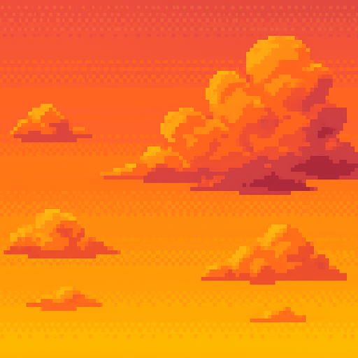 Sunset sky, orange and pink clouds, golden hour atmosphere, warm gradient background, 2D pixel art.
In-Game asset.  2d.  High contrast.  No shadows