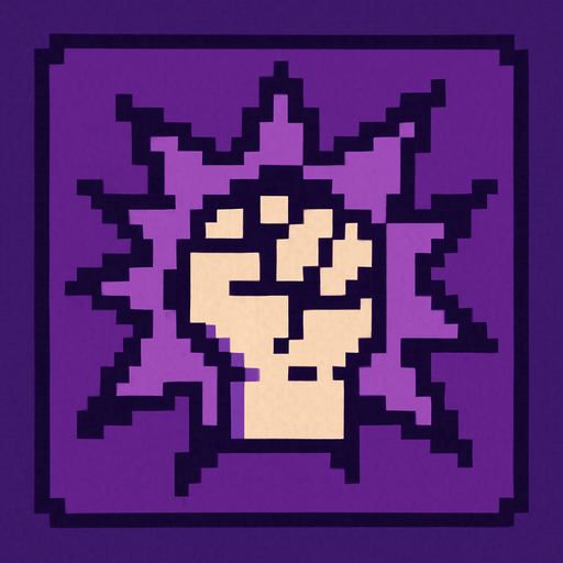 Pixel art of a purple power-up icon with a spiked fist symbol or explosion inside. Represents bonus attack damage in a retro game.
In-Game asset.  2d.  High contrast.  No shadows