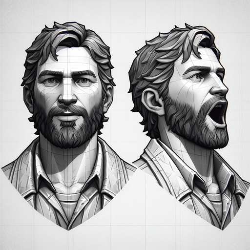 бородатый парень и он же с открытым ртом.
Single Game Texture. In-Game asset. 2d. Blank background. High contrast. No shadows.