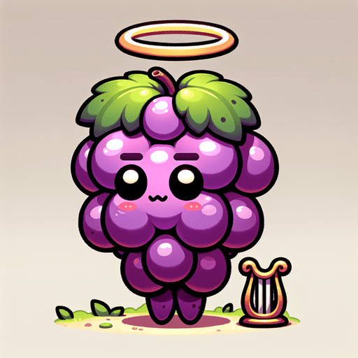 video game cute divine grape bunch Pokémon with an angelic halo above its head and a harp beside it, oversized head occupying most of its body, standing on two tiny chubby feet at the bottom, tiny adorable creature with a cute angry expression, looking straight ahead, facing the camera directly. 2D flat vector illustration.
Single Game Texture. In-Game asset. 2d. Blank background. High contrast. No shadows.