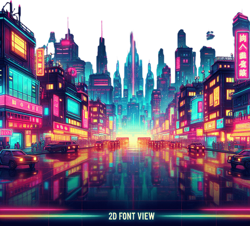 2d front view of a neon city  in the art style of a neon cyberpunk world.
Single Game Texture. In-Game asset. 2d. Blank background. High contrast. No shadows.