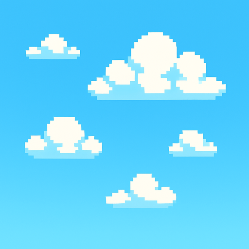 El cielo debe ser un fondo claro y agradable, de color azul celeste con un suave degradado hacia un azul más claro en la parte inferior, acompañado de algunas nubes blancas esponjosas flotando lentamente para dar una sensación de movimiento y vida; todo en pixel art, sin muchos detalles, con un ambiente brillante, alegre y apto para un juego casual visualmente amigable..
In-Game asset.  2d.  High contrast.  No shadows