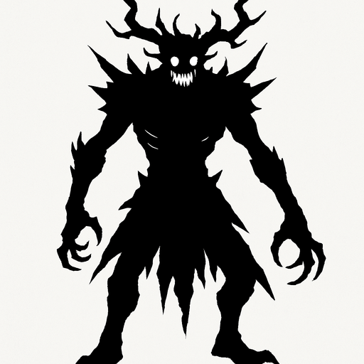 Imagien bde un jefe terrorífico humanoide de color negro.
In-Game asset.  2d.  High contrast.  No shadows