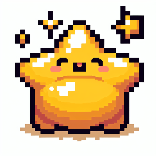 pixelart. a chubby golden star..
Single Game Texture. In-Game asset. 2d. Blank background. High contrast. No shadows.