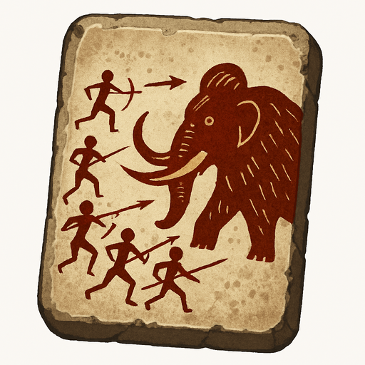 Card packet made out of stone with a Tribal drawing of people Hunting a wolly Mammoth.
In-Game asset.  2d.  High contrast.  No shadows