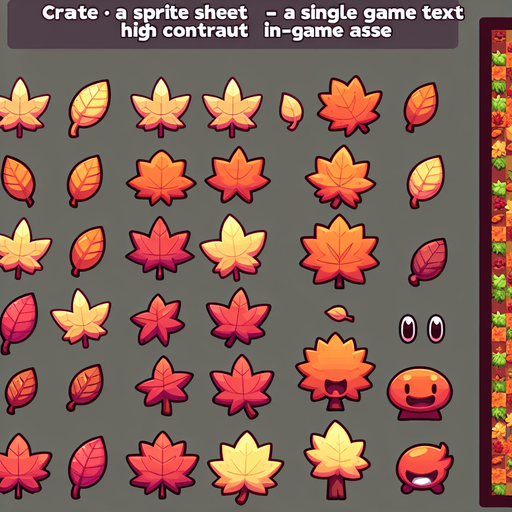 A sprite sheet of fall leaves. Cartoon.
Single Game Texture. In-Game asset. 2d. Blank background. High contrast. No shadows.