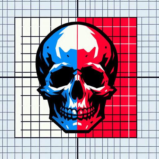 tête de mort coter droit en bleu coter gauche en rouge.
Single Game Texture. In-Game asset. 2d. Blank background. High contrast. No shadows.