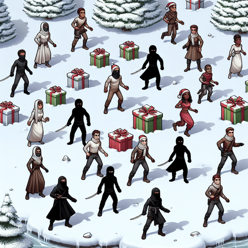 A beautiful winter snowy christmas landscape with ninja thieves kids lurking. Christmas gifts are hidden in the snow.
Single Game Texture. In-Game asset. 2d. Blank background. High contrast. No shadows.