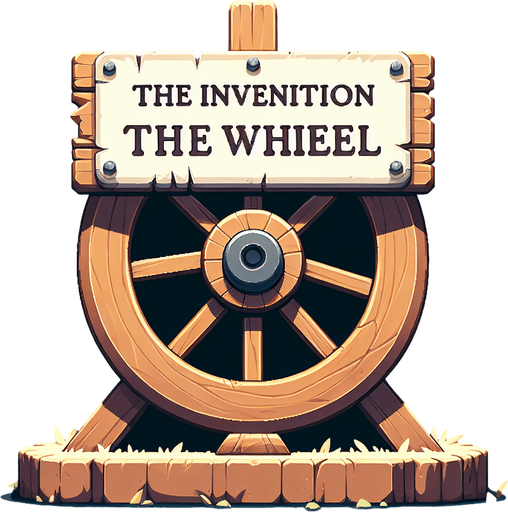 An animated image of a wooden wheel with a sign: The invention of the wheel.
Single Game Texture. In-Game asset. 2d. Blank background. High contrast. No shadows.