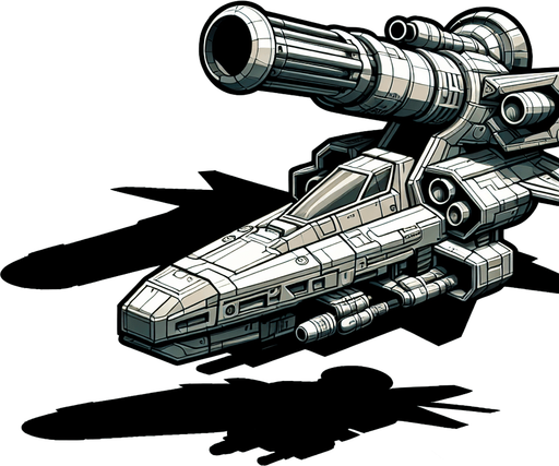 A hero space ship with cannon looking upwards.
Single Game Texture. In-Game asset. 2d. Blank background. High contrast. No shadows.