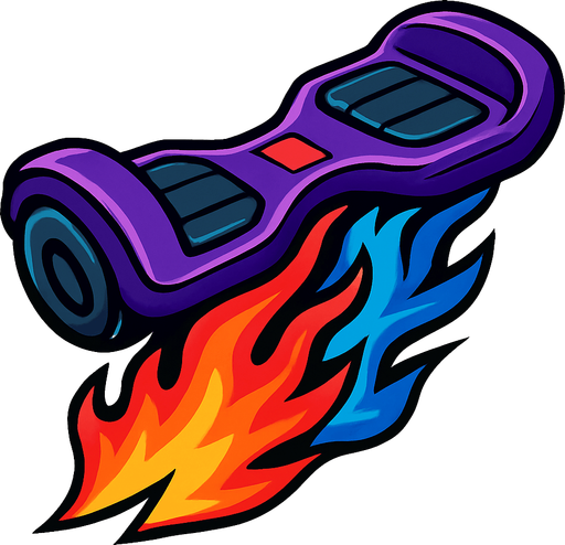 a hover board with colorful blue and red flames underneath.
In-Game asset.  2d.  High contrast.  No shadows