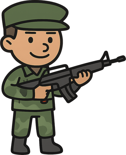bir adam elinde silah olsun ve asker gibi giyinsin. No background. Transparent background. Blank background. No shadows. 2d. In-Game asset. flat