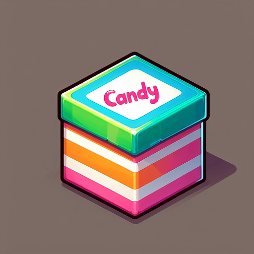 scatola vuota, ma colorata con scritta candy.
Single Game Texture. In-Game asset. 2d. Blank background. High contrast. No shadows.