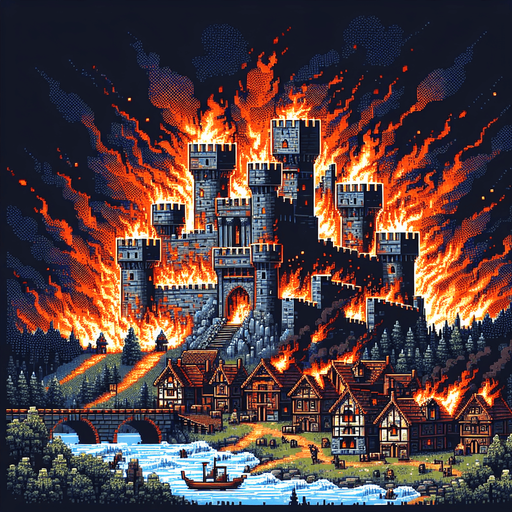 pixel art dramatic epic medieval village castle burning bad day.
Single Game Texture.  In-Game asset.  2d.  Blank background.  High contrast.  No shadows
