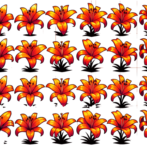 A sprite sheet of different orange tiger lily seen from above. Cartoon. All similar size. Just the blossom. Bold colors and shading. 
Single Game Texture. In-Game asset. 2d. Blank background. High contrast. No shadows.