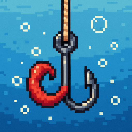 2D pixel art of a fishing hook with a red bait attached, hanging in water with bubbles, retro 16-bit style..
In-Game asset.  2d.  High contrast.  No shadows