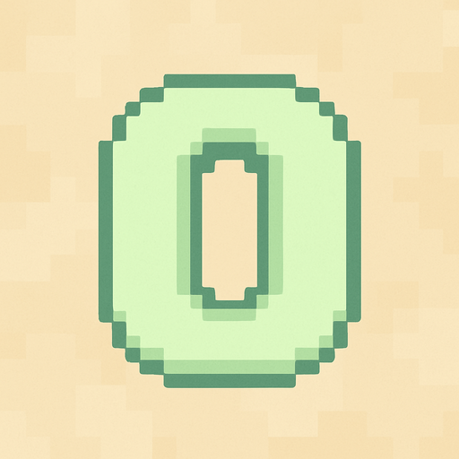 A pixel art number "0" designed for a cozy, cute retro 2D game UI with a bird theme. The number is rendered in soft pastel light green tones to harmonize with the gentle and sweet aesthetic of the game. It has a clean, simple, and rounded pixel style with no harsh edges, fitting perfectly within the pixel art UI style. The number is bold and easily readable at small sizes..
In-Game asset.  2d.  High contrast.  No shadows. pixel art. retro. 2d ui. number. pastel light green. simple. rounded edges. bold. cute. minimal