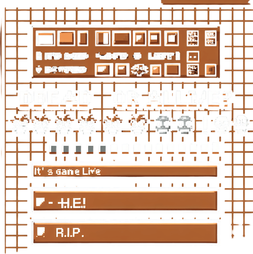 8 bit. cartoon. brown background. message that reads:
DEAD OR ALIVE?
IT'S ALIVE!
R.I.P..
Single Game Texture. In-Game asset. 2d. Blank background. High contrast. No shadows.