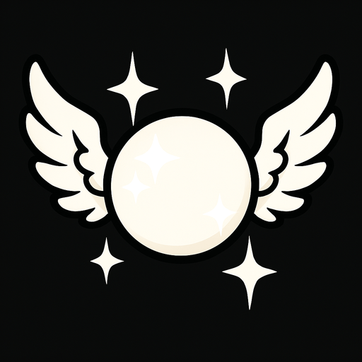 una esfera blanca con destellos con alas de angel a los lados.
In-Game asset.  2d.  High contrast.  No shadows