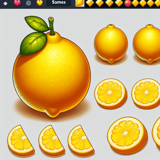 A lemon with a few slices cut off..
Single Game Texture. In-Game asset. 2d. Blank background. High contrast. No shadows.