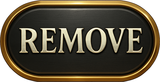 Crea un asset visual para un botón 'REMOVE' (Quitar Apuesta) para la mesa de Blackjack de lujo.

Objetivo: Un botón claro y elegante que permita al jugador quitar su apuesta actual y regresarla a cero, coherente con la opulencia del casino.

Diseño:

Forma: Puede ser un óvalo o un rectángulo con bordes suaves, que sea prominente y fácil de pulsar.

Texto Central: La palabra 'REMOVE' (o 'CLEAR BET') en mayúsculas, con una tipografía audaz, limpia y elegante de casino.

Color: Base en un color que sugiera "borrar" o "resetear" sin ser estridente. Considera un gris oscuro metálico, un plateado pulido o un bronce oscuro, con un acabado elegante.

Borde: Un borde brillante en dorado o plateado.

Efectos (si Upit lo permite):

Sutil efecto de relieve o biselado para darle profundidad.

Un ligero brillo o resplandor que lo haga destacar.

Textura que simule metal pulido o un material lujoso.

Fondo: El asset debe ser independiente con fondo transparente, listo para ser superpuesto en la inter.
In-Game asset.  2d.  High contrast.  No shadows