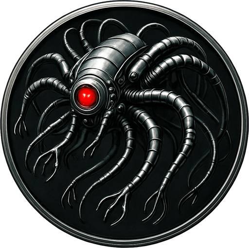 Creat a singular circular asset that features a 3D version of a sentinal from the film the matrix. Asset to have a metallic feel, and the background is to be transparent.
In-Game asset.  2d.  High contrast.  No shadows