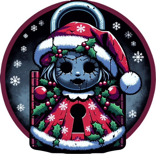 eerie christmas inspired christmas doll lock with a resident evil style.
Single Game Texture. In-Game asset. 2d. Blank background. High contrast. No shadows.
