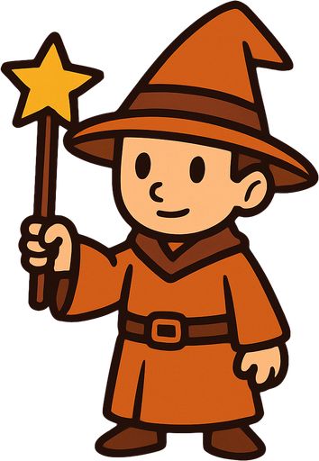 Mago con sombrero naranja y marrón sin barba con varita con estrella, de cuerpo entero.
In-Game asset.  2d.  High contrast.  No shadows