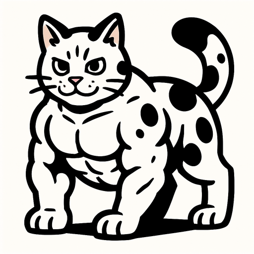 kaslı ve beyaz ama üstünde siyah benekelri olan tatlı bir kedi.
In-Game asset.  2d.  High contrast.  No shadows