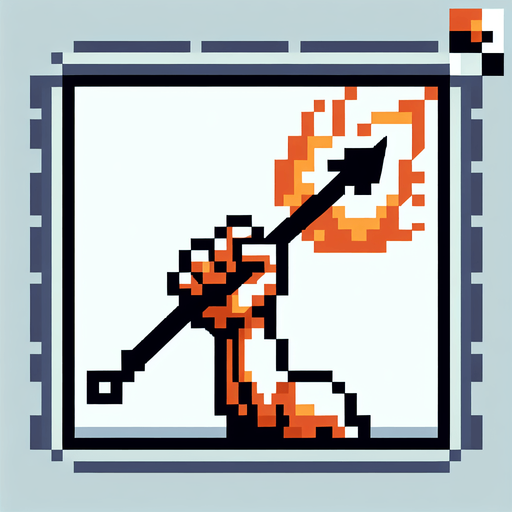 Pixelart. An icon of a an arm holding  javelin with fire around it..
Single Game Texture. In-Game asset. 2d. Blank background. High contrast. No shadows.