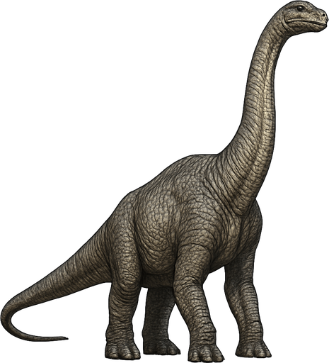 A realistic Brachiosaurus dinosaur standing tall on a transparent background. It has a long neck raised high, with a relatively small head featuring gentle eyes and a rounded snout. The body is massive and bulky, covered with textured grayish-brown scales showing subtle wrinkles and muscle definition. Its front legs are noticeably longer than the hind legs, giving it a distinctive sloping back. The tail is thick and extends straight behind. The skin texture is rough with detailed scales, emphasizing the dinosaur’s grandeur and calm nature..
In-Game asset.  2d.  High contrast.  No shadows