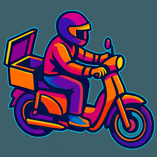A moped courier riding a moped with a food carrying basket with the top open and no lid on the back of the moped. Top down view with the moped pointing fully sideways.