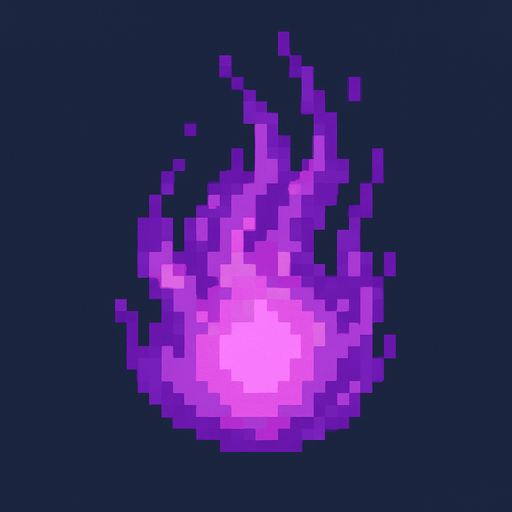 High quality 2D pixel art purple fire ball.
In-Game asset.  2d.  High contrast.  No shadows