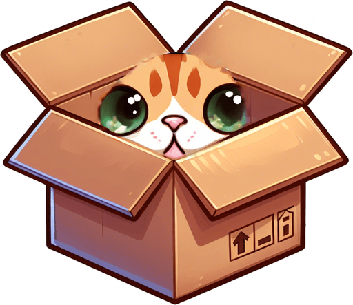 cute Chibi ginger cat look from the box into the camera. Cheeky, happy. Big eyes looking into camera