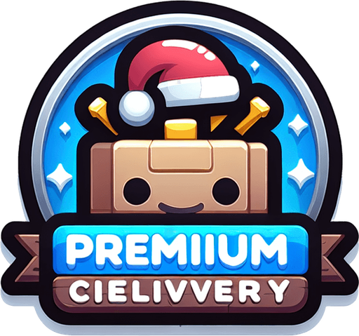 Icon for premium christmas delivery, cartoon, with the text: „Premium Delivery“ at top Single Game Texture. In-Game asset. 2d. Blank background. High contrast. No shadows.