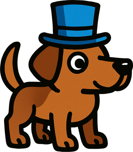 Brown dog with a blue top hat. 🎩.
In-Game asset.  High contrast.  No shadows. 2d.