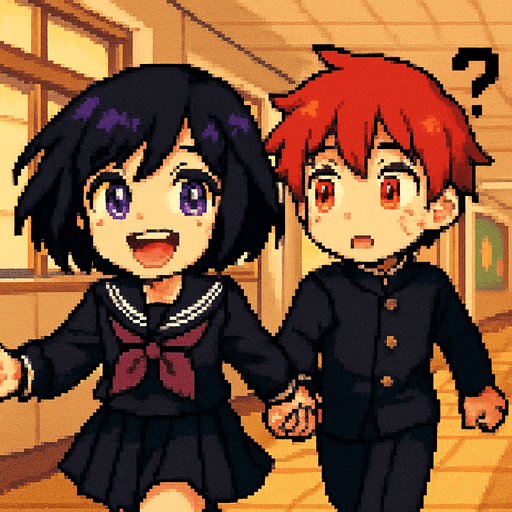 A cute anime-style girl with an emo aesthetic and striking purple eyes wears a traditional Japanese school uniform (sailor fuku). With a wide, toothy smile and sparkling eyes full of excitement, she runs joyfully while holding hands with a sweet red-haired boy with vivid red eyes, dressed in a classic gakuran school uniform. The boy, surprised and slightly flustered, has a question mark floating above his head as he's pulled along by the girl's energy. Behind them stretches a Japanese school hallway, all rendered in a charming Pixel Art style.