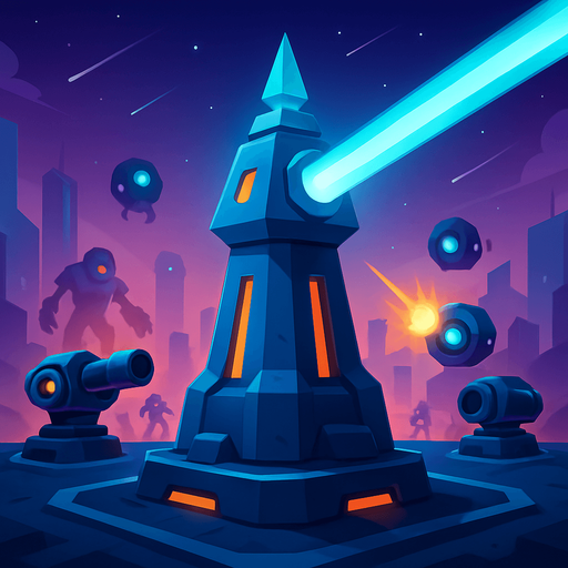 Front-facing icon, Fullscreen modern App Store art style with futuristic tower defense, 16:9, high definition.  No text captions!