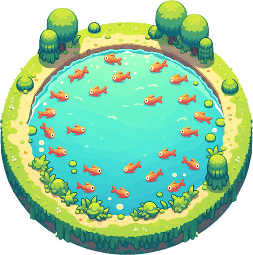 yuvarlak balıklı göl.
Single Game Texture.  In-Game asset.  2d.  Blank background.  High contrast.  No shadows