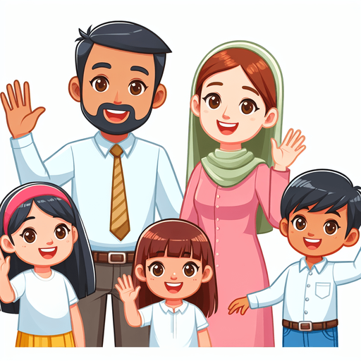 A smiling family waving..
Single Game Texture. In-Game asset. 2d. Blank background. High contrast. No shadows.