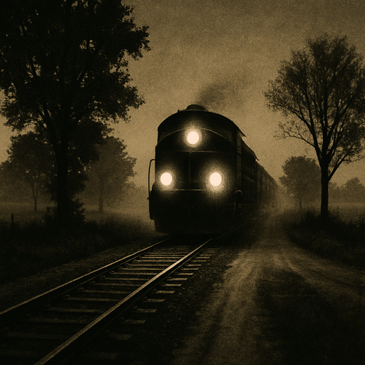 A train is coming down a narrow railway track that cuts through a rural road, surrounded by trees and open fields. It's early morning with light mist, headlights of the train glowing, and a sense of motion as the train approaches..
2d.  High contrast