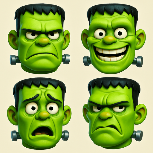 3D frankenstein Scary and funny cute face meme. different faces look. face only
In-Game asset.  3D.  High contrast.  No shadows